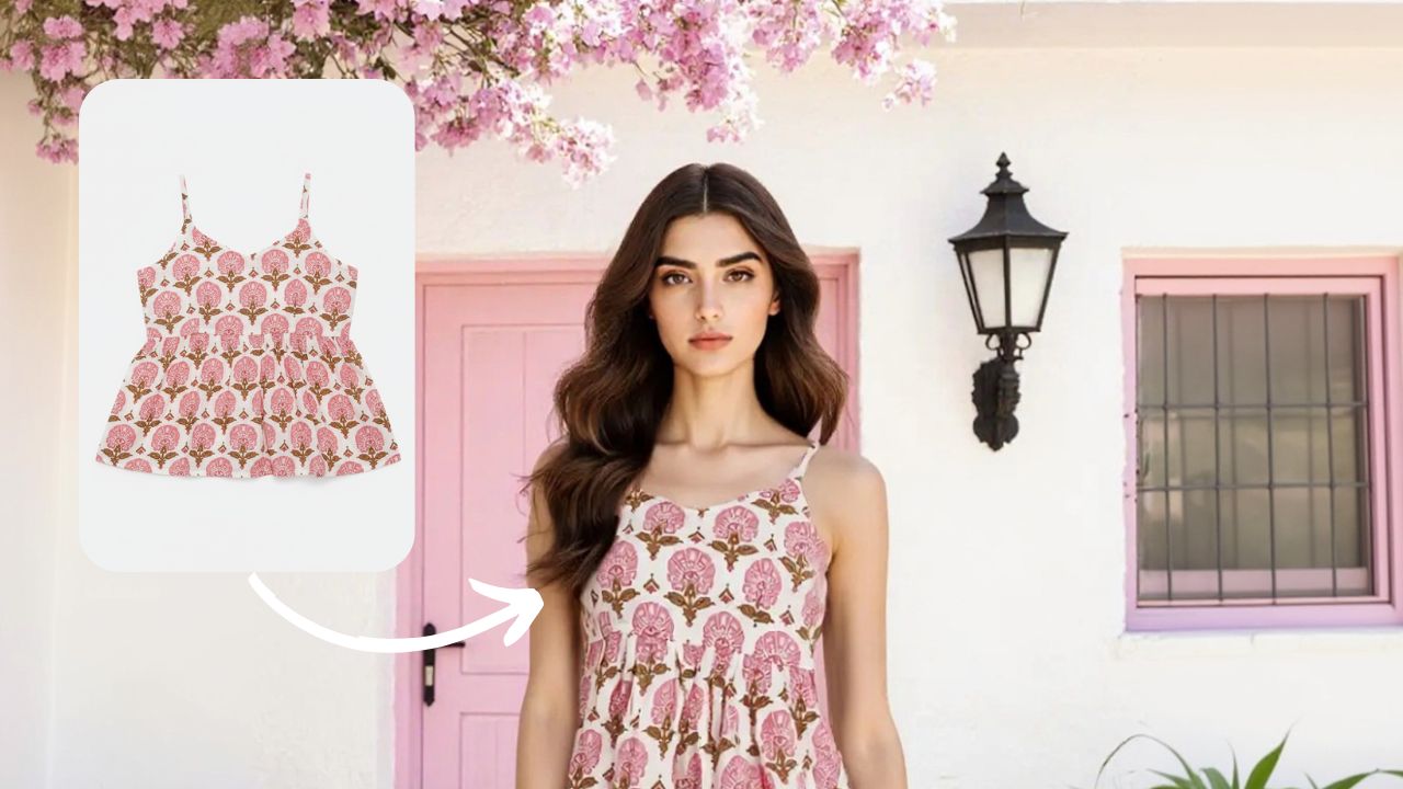 A flat-lay photograph of a white t-shirt transformed into a professional on-model photoshoot.